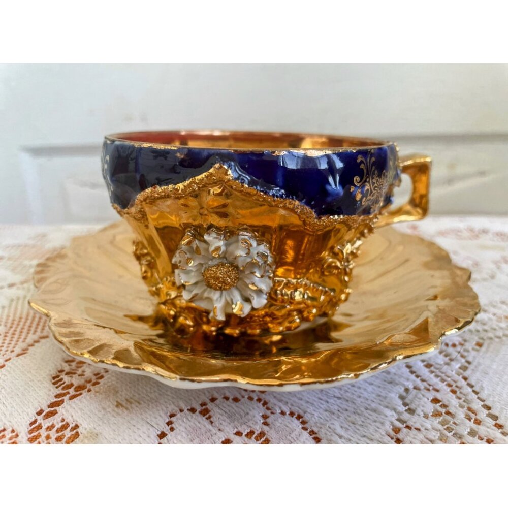 Antique German Porcelain Teacup Saucer Heavy Gold Cobalt Blue 3D Flower - Picture 11 of 16